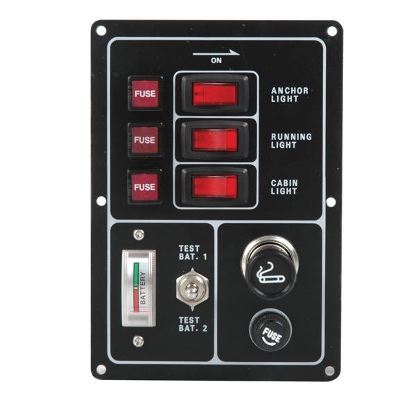 Elektropaneel 3 Schalter/Sicherungen mit Batterianzeige f.2 Batterien und Zigarettenanzündersteckdose