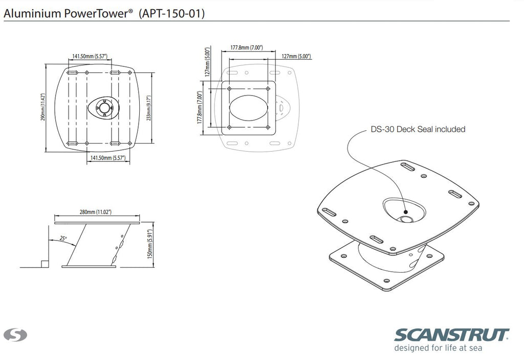 Scanstrut PowerTower Radarhalterung APT-150-01 und APT-250-01, nach hinten geneigt