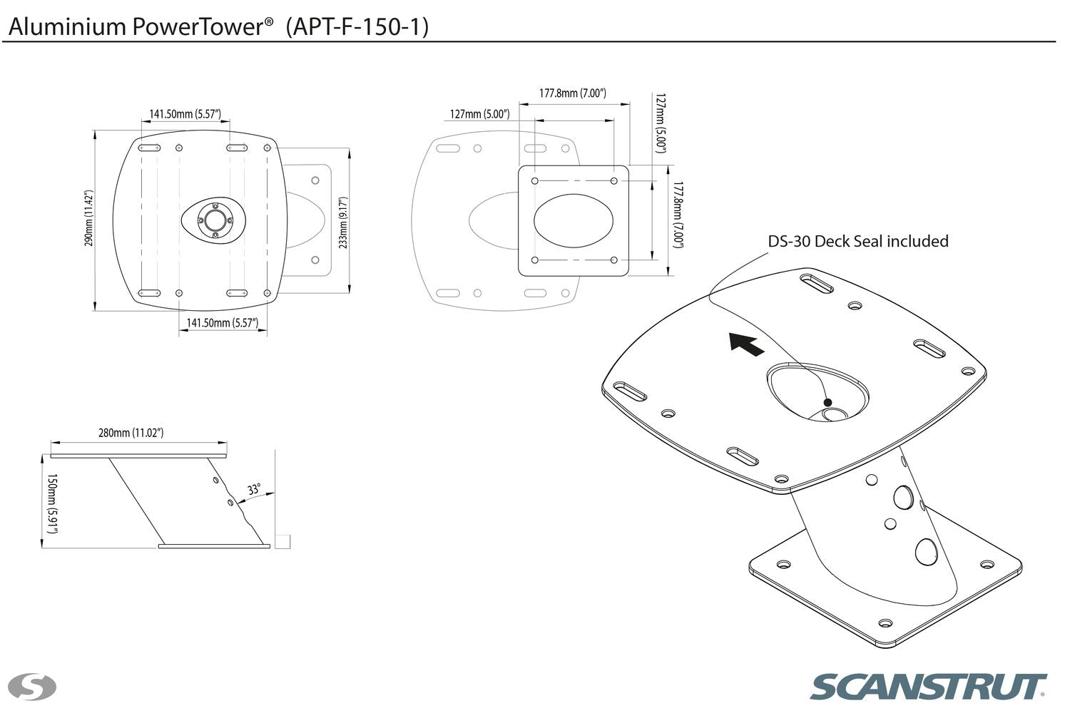 Scanstrut PowerTower Radarhalterung APT-F-150-01 und APT-F-250-01, nach vorne geneigt