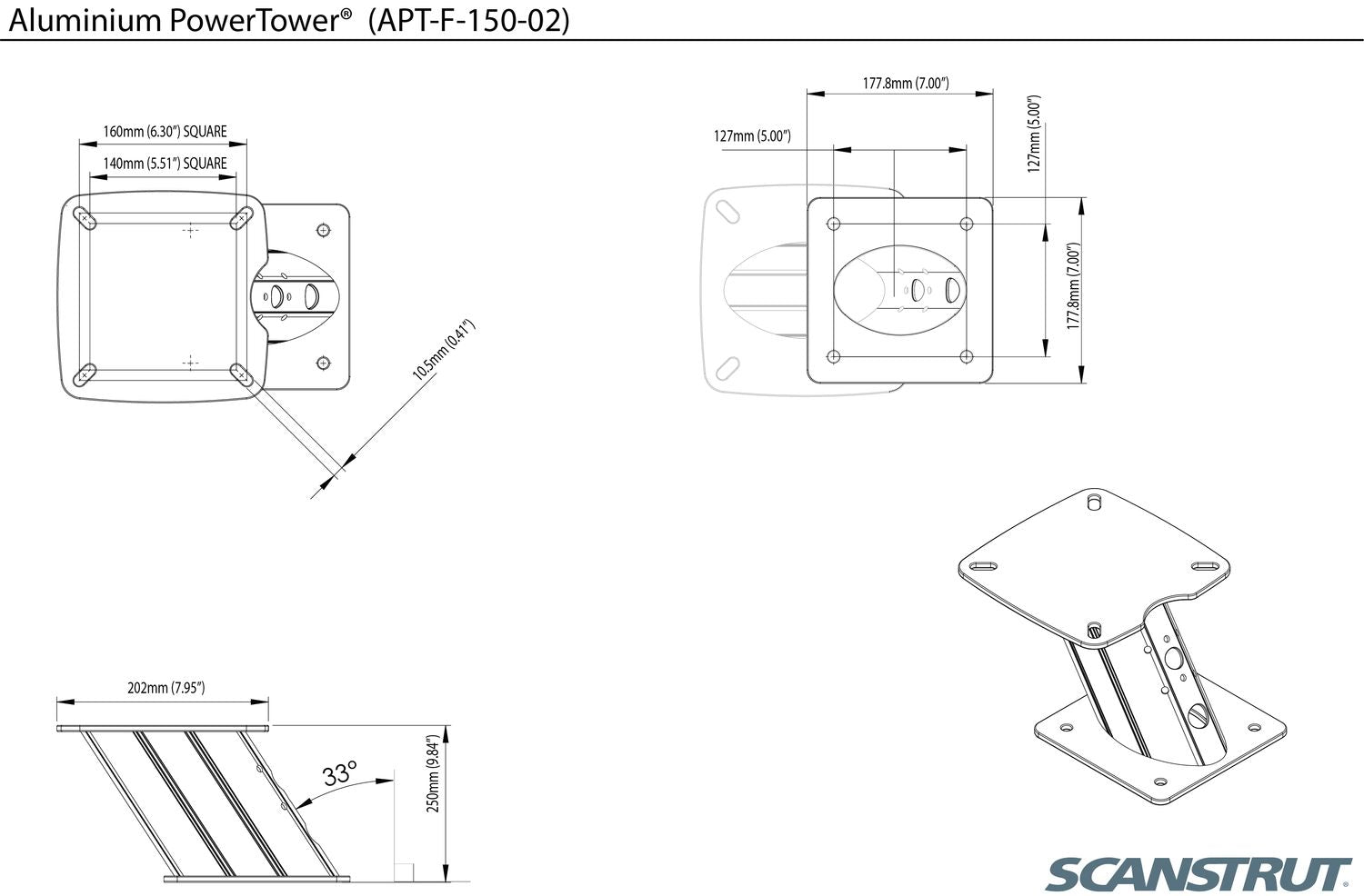 Scanstrut PowerTower Radarhalterung APT-F-150-02 und APT-F-250-02, nach vorne geneigt