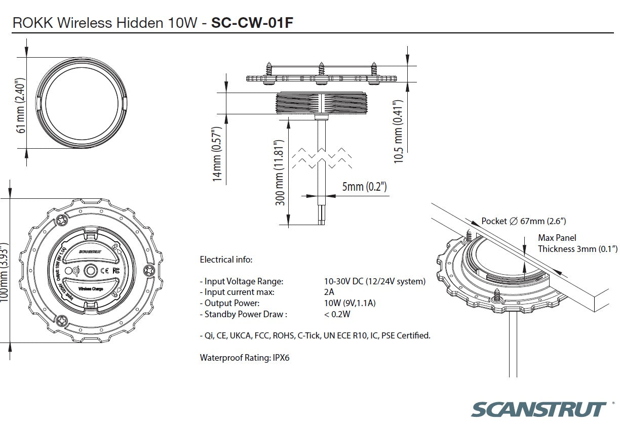 Scanstrut Ladegerät Hidden SC-CW-01F verdeckter Einbau für kabelloses Laden von Smartphones 10-30V Eingang 2A Ausgang 10W wasserdicht nach IPX6