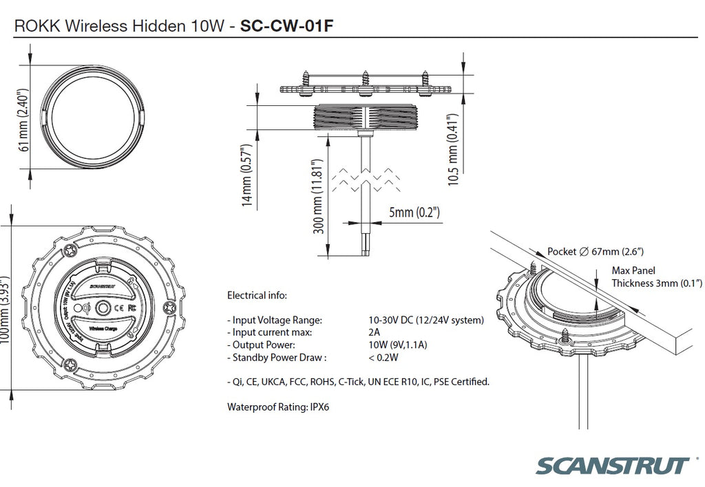 Scanstrut Ladegerät Hidden SC-CW-01F verdeckter Einbau für kabelloses Laden von Smartphones 10-30V Eingang 2A Ausgang 10W wasserdicht nach IPX6