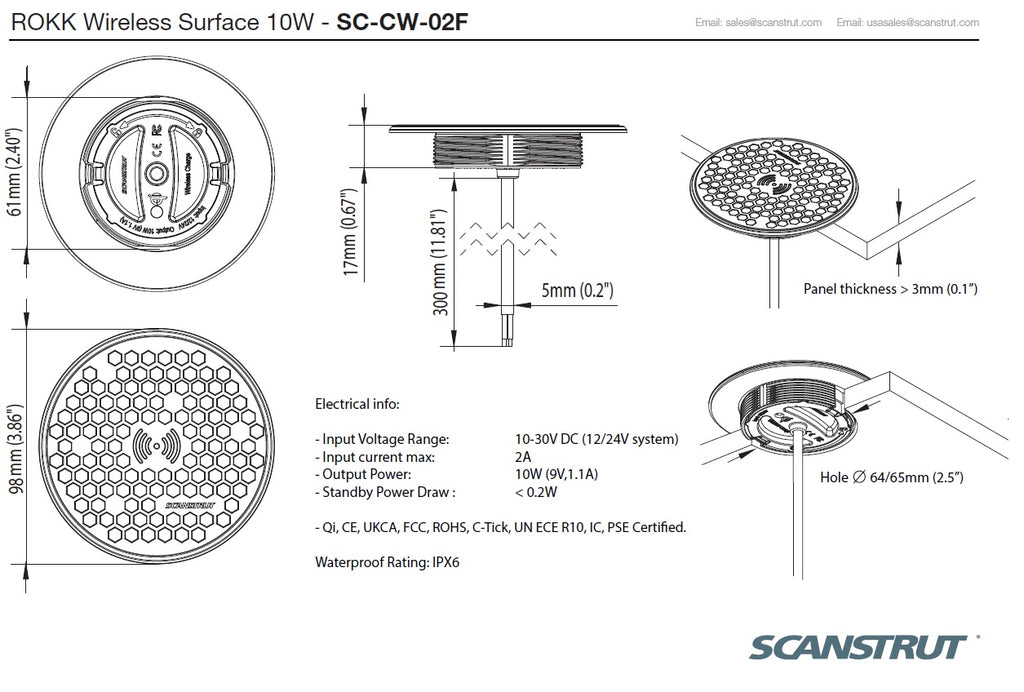 Scanstrut Ladegerät Surface SC-CW-02F Aufbauversion für kabelloses Laden von Smartphones 10-30V Eingang 2A Ausgang 10W wasserdicht nach IPX6 zum Einbau