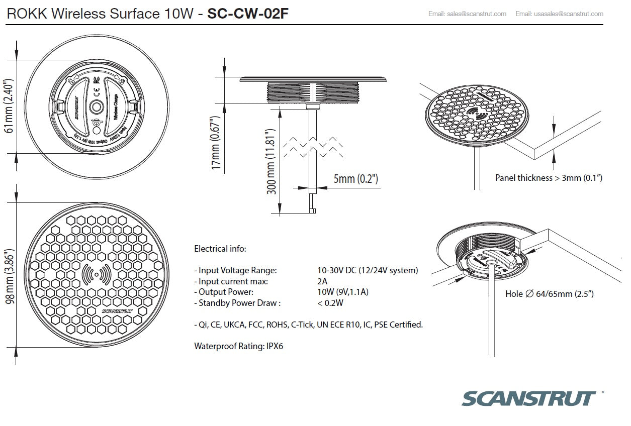 Scanstrut Ladegerät Surface SC-CW-02F Aufbauversion für kabelloses Laden von Smartphones 10-30V Eingang 2A Ausgang 10W wasserdicht nach IPX6 zum Einbau
