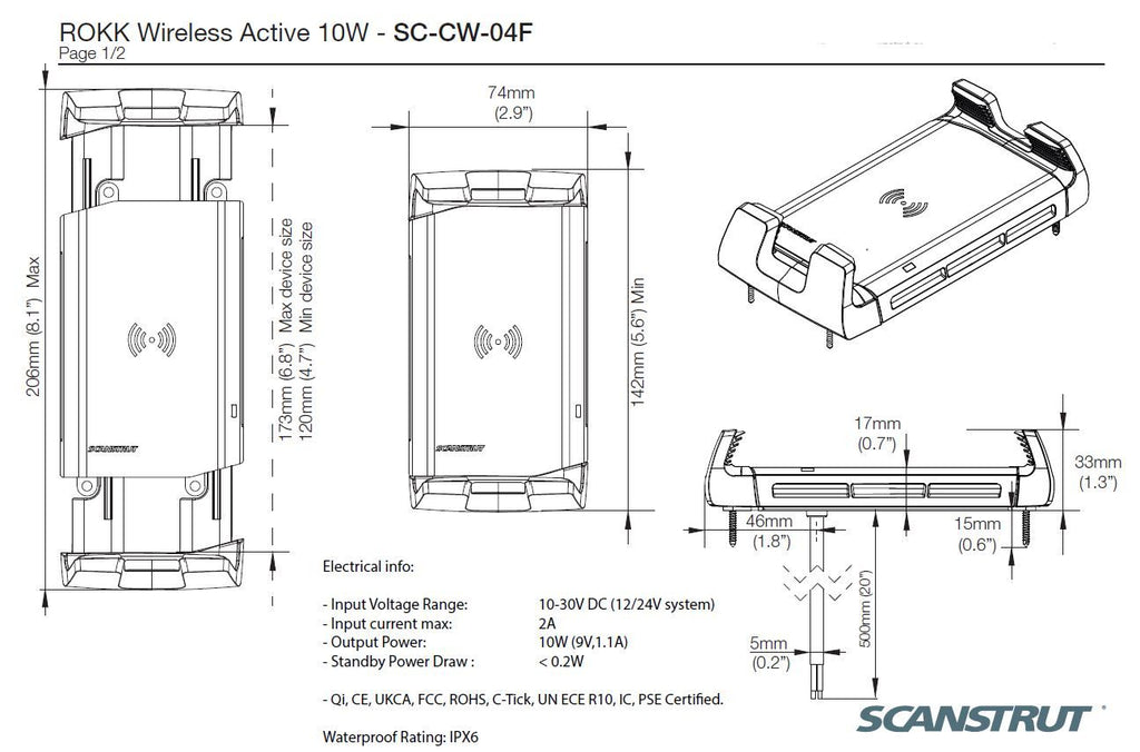 Scanstrut ROKK Ladegerät Aktiv SC-CW-04F mit Aufbauhalterung für kabelloses Laden von Smartphones 12/24V 10W Ausgang max 2A wasserdicht nach IPX6