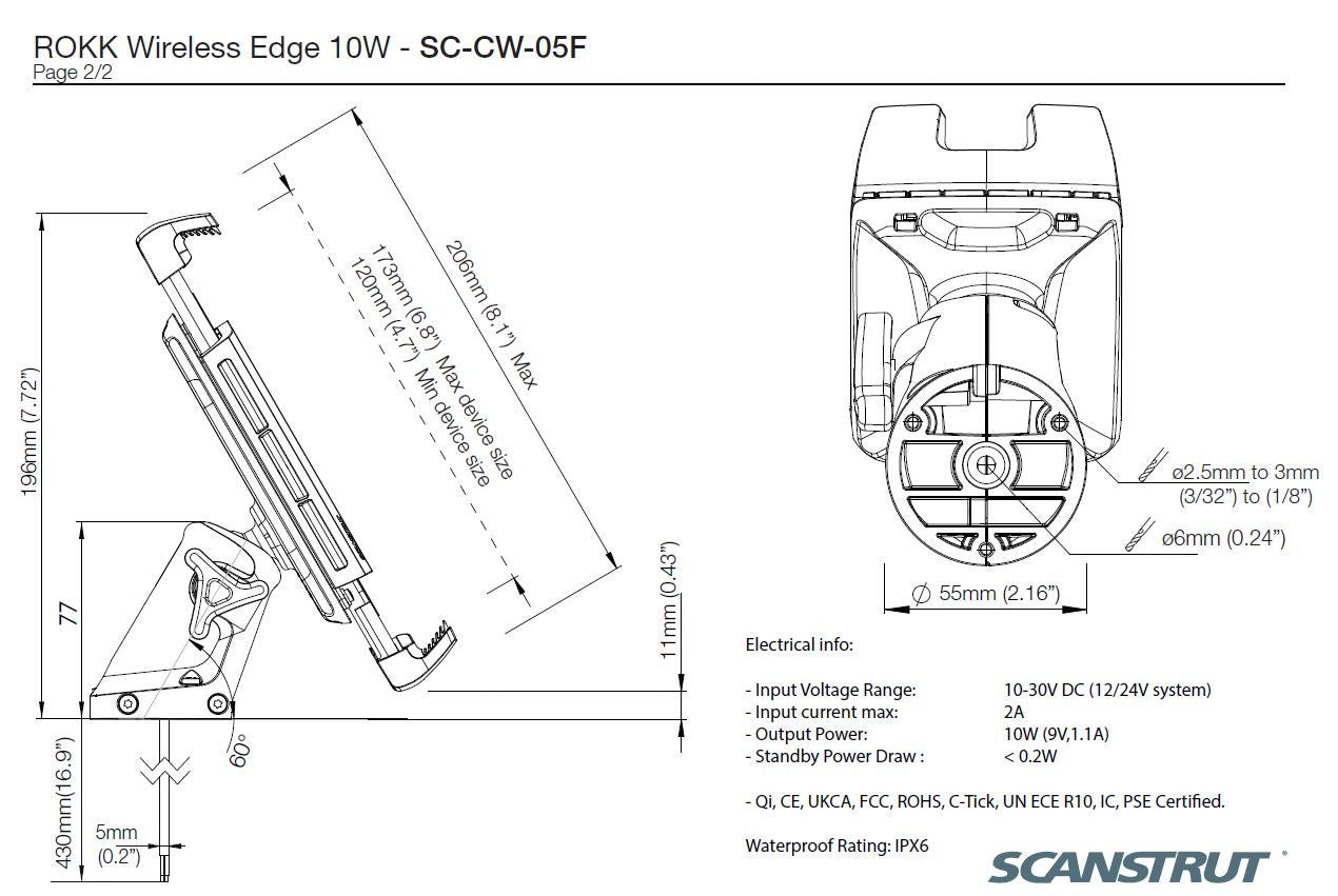 Scanstrut ROKK Ladegerät Edge SC-CW-05F mit Standfuss-Halterung für kabelloses Laden von Smartphones 12/24V 10W Ausgang max 2A wasserdicht nach IPX6