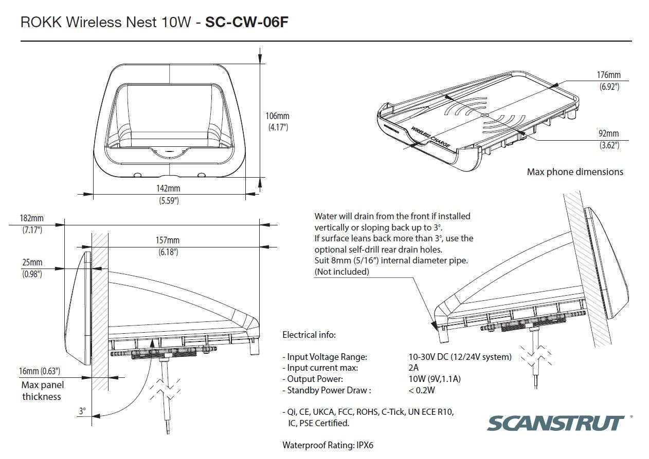 Scanstrut ROKK Ladegerät Nest SC-CW-06F Ablagefach längs zum Einlegen für kabelloses Laden von Smartphones 12/24V 10W Ausgang max 2A wasserdicht nach IPX6