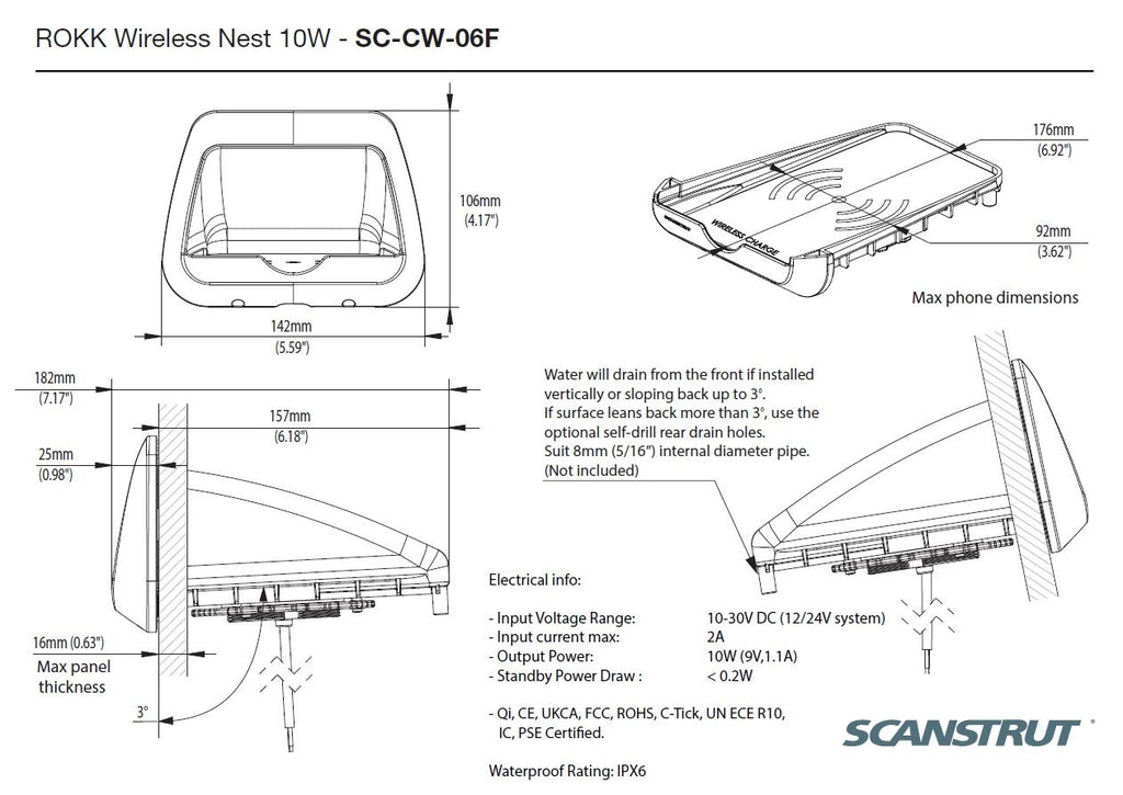 Scanstrut ROKK Ladegerät Nest SC-CW-06F Ablagefach längs zum Einlegen für kabelloses Laden von Smartphones 12/24V 10W Ausgang max 2A wasserdicht nach IPX6