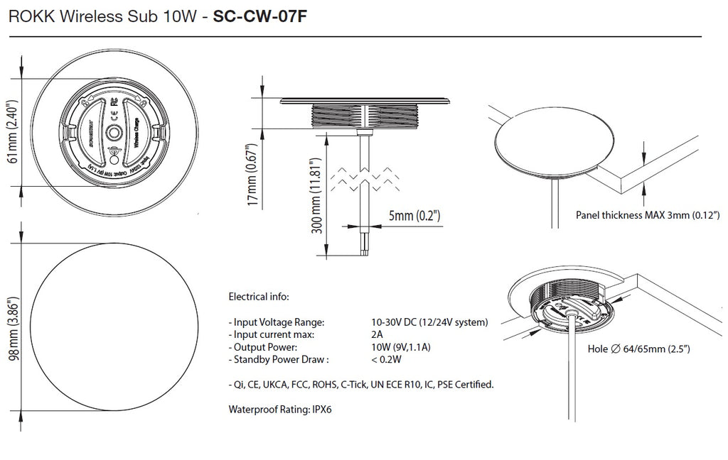 Scanstrut Ladegerät Sub SC-CW-07F zum bündigen Einbau für kabelloses Laden von Smartphones 10-30V Eingang 2A 10W Ausgang 10W wasserdicht nach IPX6