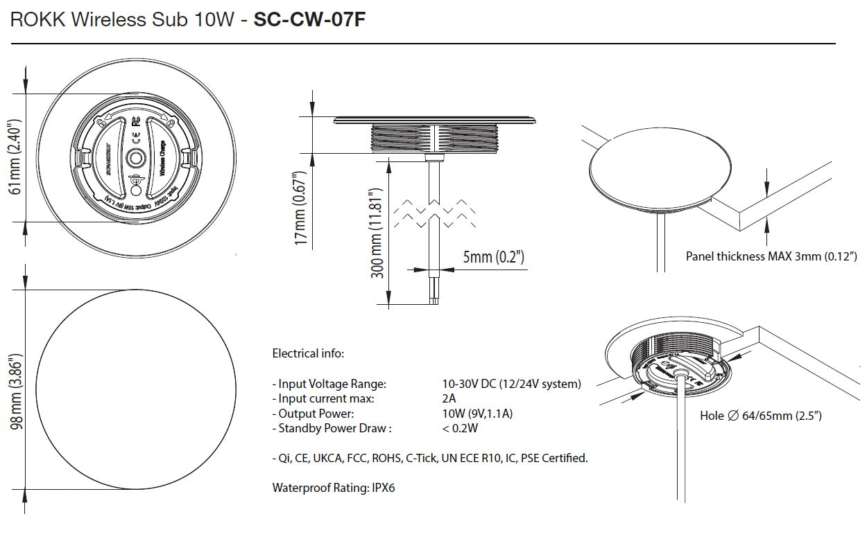 Scanstrut Ladegerät Sub SC-CW-07F zum bündigen Einbau für kabelloses Laden von Smartphones 10-30V Eingang 2A 10W Ausgang 10W wasserdicht nach IPX6
