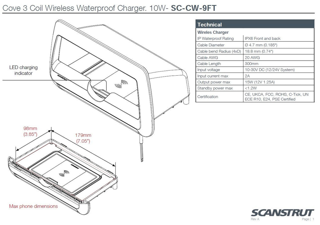 Scanstrut ROKK Ladegerät COVE SC-CW-09F Ablagefach quer zum Einlegen für kabelloses Laden von Smartphones 12/24V 10W Ausgang max 2A wasserdicht nach IPX6