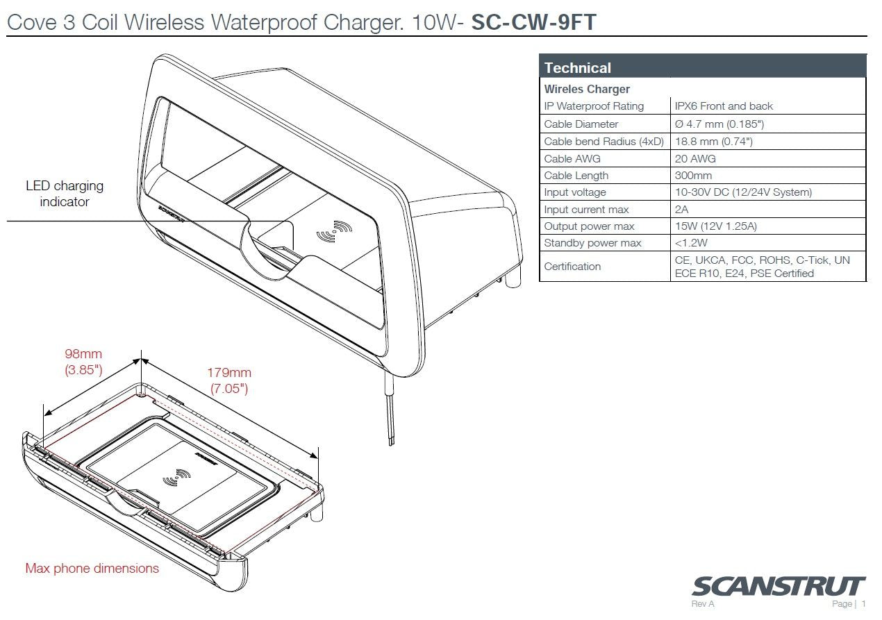 Scanstrut ROKK Ladegerät COVE SC-CW-09F Ablagefach quer zum Einlegen für kabelloses Laden von Smartphones 12/24V 10W Ausgang max 2A wasserdicht nach IPX6