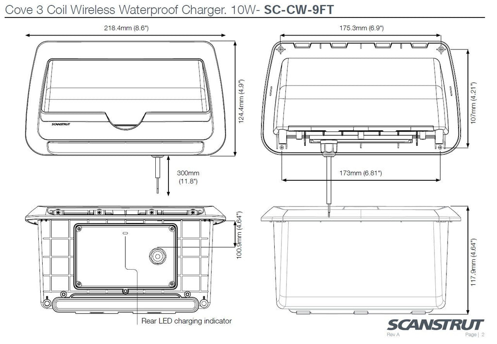 Scanstrut ROKK Ladegerät COVE SC-CW-09F Ablagefach quer zum Einlegen für kabelloses Laden von Smartphones 12/24V 10W Ausgang max 2A wasserdicht nach IPX6