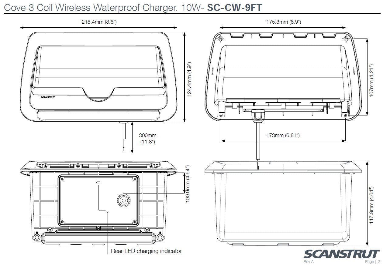 Scanstrut ROKK Ladegerät COVE SC-CW-09F Ablagefach quer zum Einlegen für kabelloses Laden von Smartphones 12/24V 10W Ausgang max 2A wasserdicht nach IPX6