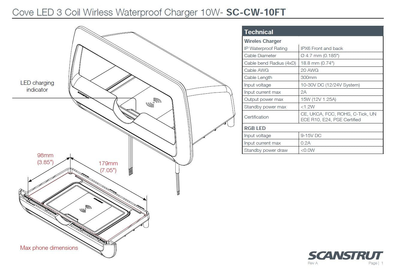 Scanstrut ROKK Ladegerät COVE LED SC-CW-10F Ablagefach quer mit LED-Beleuchtung zum Einlegen für kabelloses Laden von Smartphones 12/24V 10W Ausgang max 2A wasserdicht nach IPX6