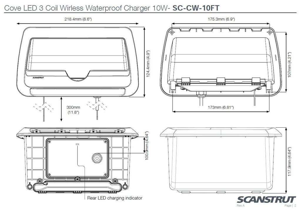 Scanstrut ROKK Ladegerät COVE LED SC-CW-10F Ablagefach quer mit LED-Beleuchtung zum Einlegen für kabelloses Laden von Smartphones 12/24V 10W Ausgang max 2A wasserdicht nach IPX6