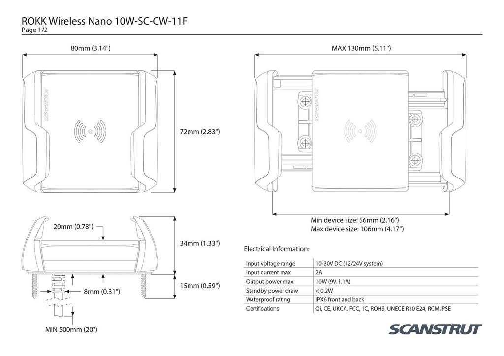 Scanstrut Ladegerät Nano SC-CW-11F zum Anbaufür kabelloses Laden von Smartphones mit Halterung 10-30V Einmgang  2A Ausgang 10W wasserdicht nach IPX6