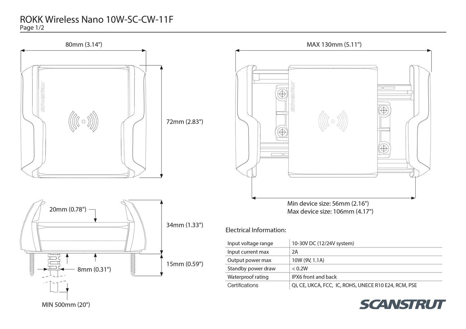 Scanstrut Ladegerät Nano SC-CW-11F zum Anbaufür kabelloses Laden von Smartphones mit Halterung 10-30V Einmgang  2A Ausgang 10W wasserdicht nach IPX6