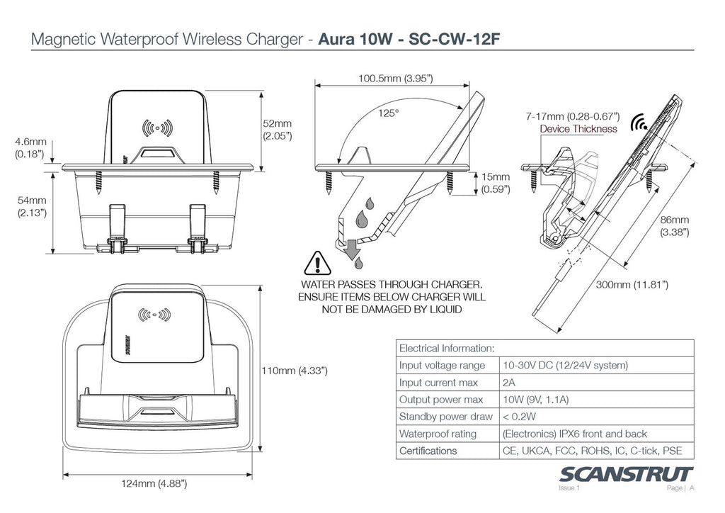 Scanstrut Ladegerät Aura SC-CW-12F zum Einbau für kabelloses Laden von Smartphones 10-30V Eingang 2A Ausgang 10W wasserdicht gem. IPX6