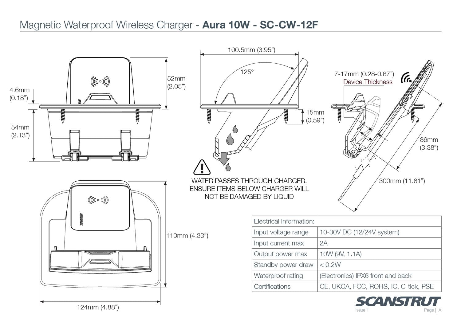 Scanstrut Ladegerät Aura SC-CW-12F zum Einbau für kabelloses Laden von Smartphones 10-30V Eingang 2A Ausgang 10W wasserdicht gem. IPX6