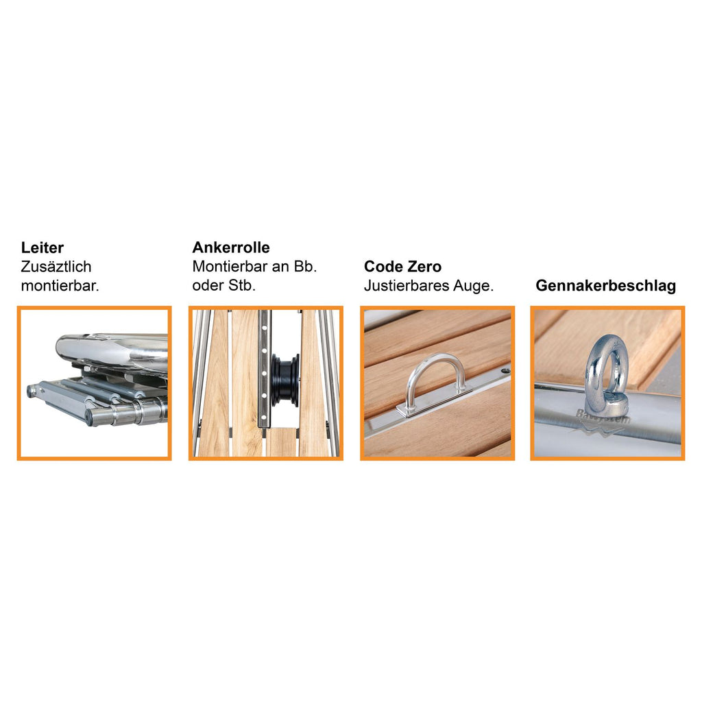 Batsystem Bugplattform PB1400TE-S Performance Teak für Segelboote L=1400mm B=590mm Rohr D=42mm mit Ankerrolle
